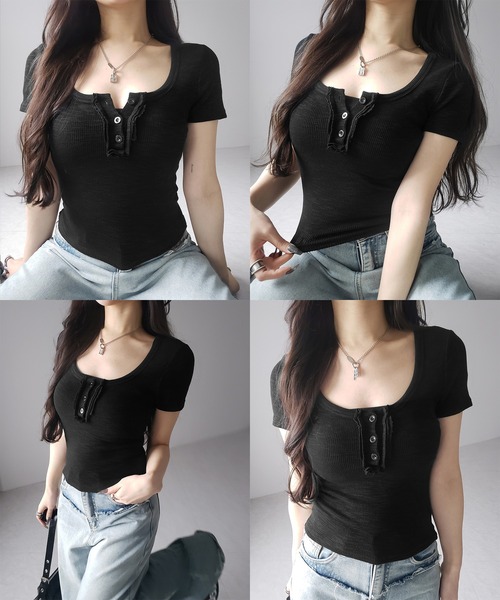 me+em select(ミームセレクト)の「【 2color 】スクエアヘンリーネック半袖ピチTシャツ /square henley neck short sleeve pichi T-Shirt(Tシャツ/カットソー・レディース・ホワイト/ブラック・FREE)」の10枚目の写真