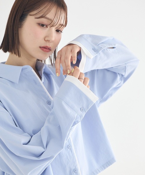 earth music&ecology(アースミュージックアンドエコロジー)の「パイピングショートシャツ(シャツ/ブラウス・レディース・オフホワイト/サックスブルー・FREE)」の9枚目の写真