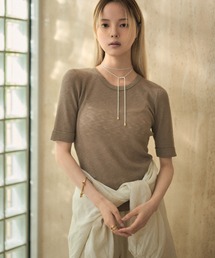 roll up sleeves semi sheer rib tops /ロールアップスリーブセミシアーリブニット