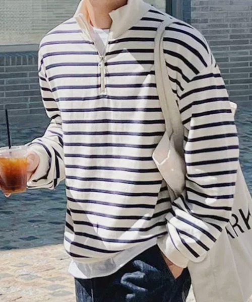 NOWLE(ノウル)の「【NOWLE】ボーダー ハーフジップ プルオーバー リブ Tシャツ / カットソー(Tシャツ/カットソー・メンズ・ホワイト・MEDIUM/LARGE/X-LARGE)」の1枚目の写真