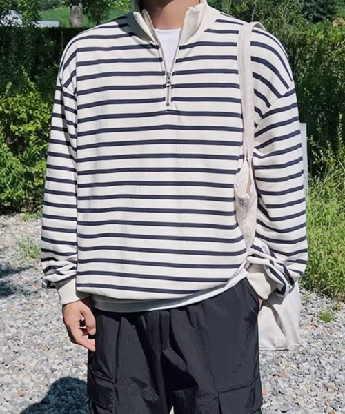 NOWLE(ノウル)の「【NOWLE】ボーダー ハーフジップ プルオーバー リブ Tシャツ / カットソー(Tシャツ/カットソー・メンズ・ホワイト・MEDIUM/LARGE/X-LARGE)」の3枚目の写真