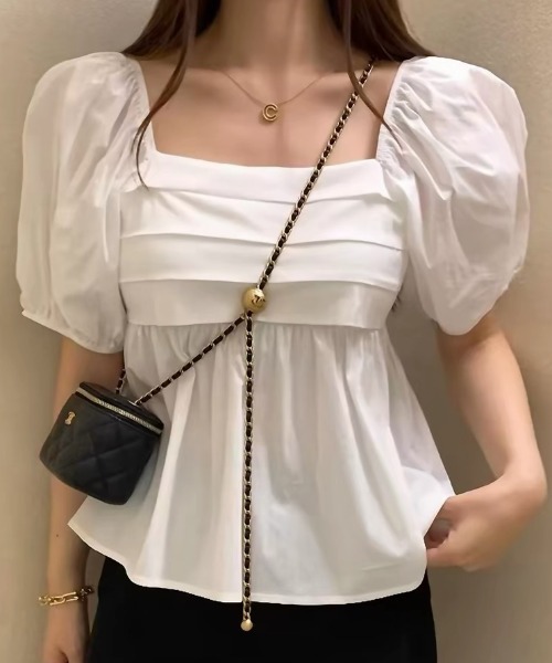 ampm（エーエムピーエム）の「パフスリーブ ペプラムブラウス フレアブラウス ボリューム袖（Tシャツ/カットソー・レディース・ホワイト/ブラック・S/M）」の3枚目の写真