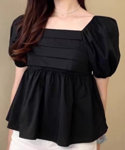ampm（エーエムピーエム）の「パフスリーブ ペプラムブラウス フレアブラウス ボリューム袖（Tシャツ/カットソー・レディース・ホワイト/ブラック・S/M）」の7枚目の写真
