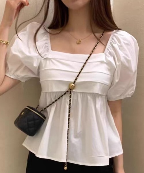 ampm（エーエムピーエム）の「パフスリーブ ペプラムブラウス フレアブラウス ボリューム袖（Tシャツ/カットソー・レディース・ホワイト/ブラック・S/M）」の4枚目の写真