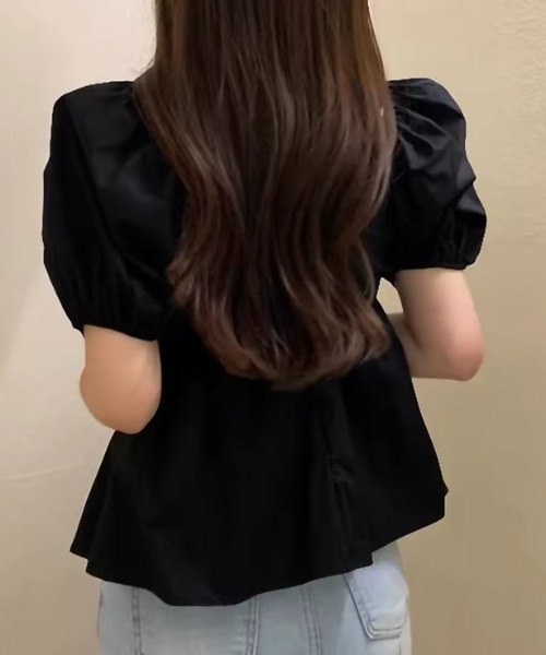 ampm（エーエムピーエム）の「パフスリーブ ペプラムブラウス フレアブラウス ボリューム袖（Tシャツ/カットソー・レディース・ホワイト/ブラック・S/M）」の8枚目の写真