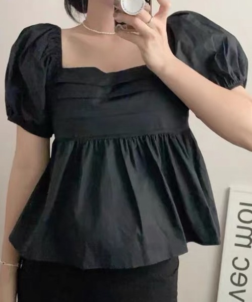 ampm（エーエムピーエム）の「パフスリーブ ペプラムブラウス フレアブラウス ボリューム袖（Tシャツ/カットソー・レディース・ホワイト/ブラック・S/M）」の21枚目の写真
