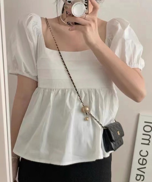 ampm（エーエムピーエム）の「パフスリーブ ペプラムブラウス フレアブラウス ボリューム袖（Tシャツ/カットソー・レディース・ホワイト/ブラック・S/M）」の22枚目の写真