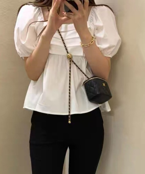 ampm（エーエムピーエム）の「パフスリーブ ペプラムブラウス フレアブラウス ボリューム袖（Tシャツ/カットソー・レディース・ホワイト/ブラック・S/M）」の10枚目の写真