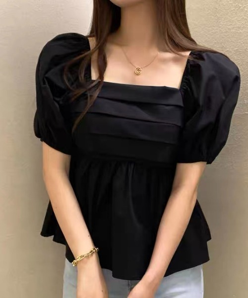 ampm（エーエムピーエム）の「パフスリーブ ペプラムブラウス フレアブラウス ボリューム袖（Tシャツ/カットソー・レディース・ホワイト/ブラック・S/M）」の6枚目の写真