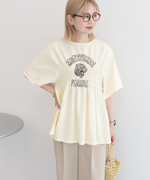 AMERICAN HOLIC(アメリカンホリック)の「シャーリングプリントTシャツ(Tシャツ/カットソー・レディース・ネイビー/オフホワイト/ライトイエロー/ライトグレー・FREE)」の4枚目の写真