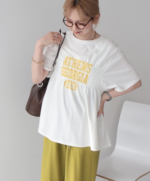 AMERICAN HOLIC(アメリカンホリック)の「シャーリングプリントTシャツ(Tシャツ/カットソー・レディース・ネイビー/オフホワイト/ライトイエロー/ライトグレー・FREE)」の2枚目の写真