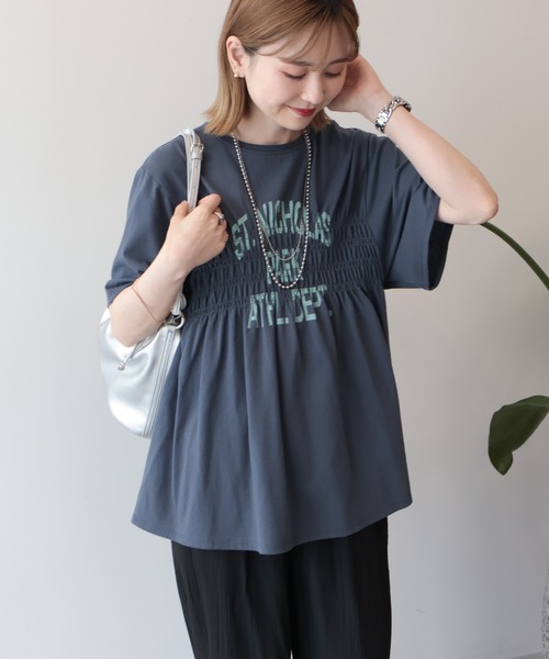 AMERICAN HOLIC(アメリカンホリック)の「シャーリングプリントTシャツ(Tシャツ/カットソー・レディース・ネイビー/オフホワイト/ライトイエロー/ライトグレー・FREE)」の7枚目の写真