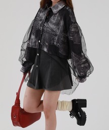 crossi（クロッシー）の「チュールレース切替デニムプリントブルゾン（デニムジャケット）」