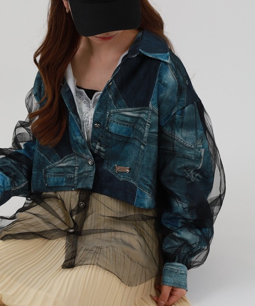 crossi(クロッシー)の「チュールレース切替デニムプリントブルゾン(デニムジャケット・レディース・ブラック/ブルー・FREE)」の9枚目の写真