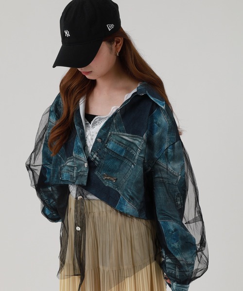 crossi(クロッシー)の「チュールレース切替デニムプリントブルゾン(デニムジャケット・レディース・ブラック/ブルー・FREE)」の10枚目の写真