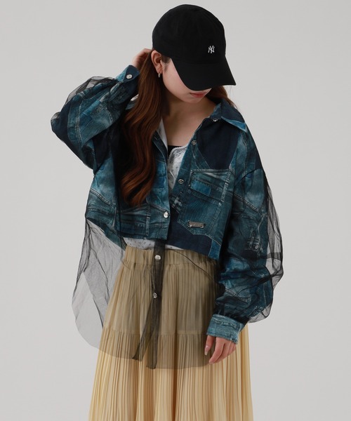 crossi(クロッシー)の「チュールレース切替デニムプリントブルゾン(デニムジャケット・レディース・ブラック/ブルー・FREE)」の13枚目の写真
