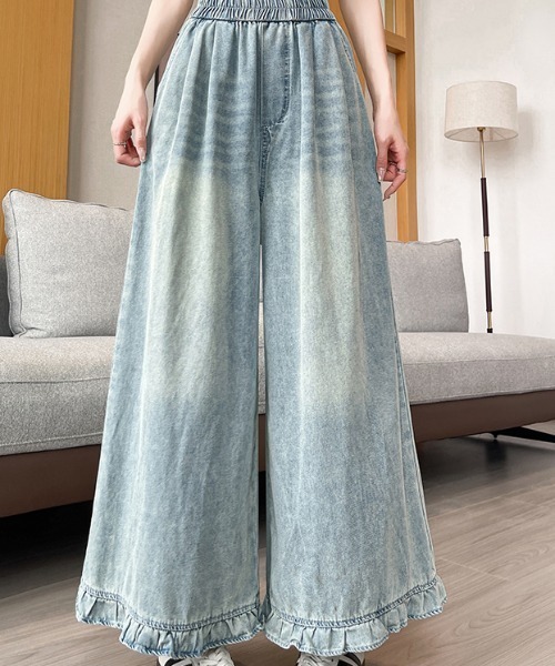 LUCPY(ラクピー)の「フリルヘムデニムワイドパンツ(デニムパンツ・レディース・ネイビー/ブルー・X-LARGE/LARGE/MEDIUM/SMALL)」の1枚目の写真