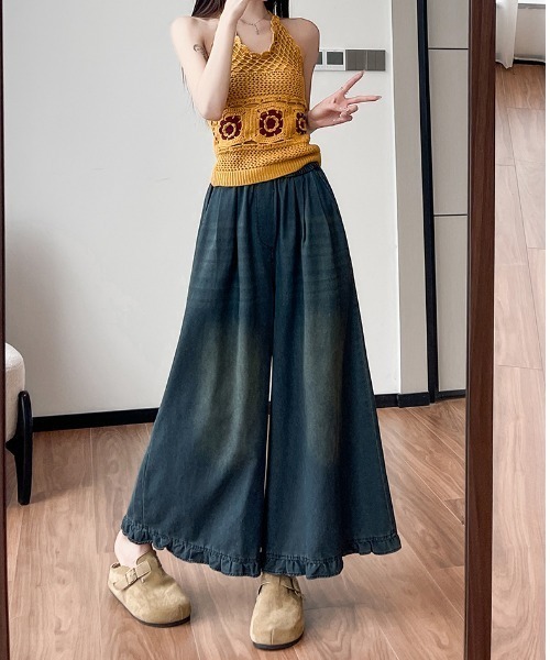 LUCPY(ラクピー)の「フリルヘムデニムワイドパンツ(デニムパンツ・レディース・ネイビー/ブルー・X-LARGE/LARGE/MEDIUM/SMALL)」の3枚目の写真