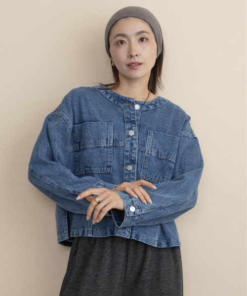 lodie(ロディ)の「ノーカラーデニムジャケット(デニムジャケット・レディース・ネイビー/ブラック・FREE)」の13枚目の写真