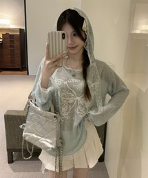 蝶プリント レースパーカーシアー長袖トップス