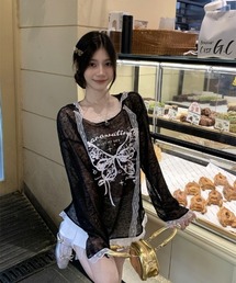 蝶プリント レースパーカーシアー長袖トップス