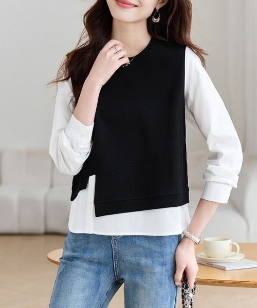 ONEP STAR（ワンピスター）の「レイヤード風アシンメトリー長袖トップス（Tシャツ/カットソー・レディース・ブラック・MEDIUM/X-LARGE/LARGE）」の3枚目の写真