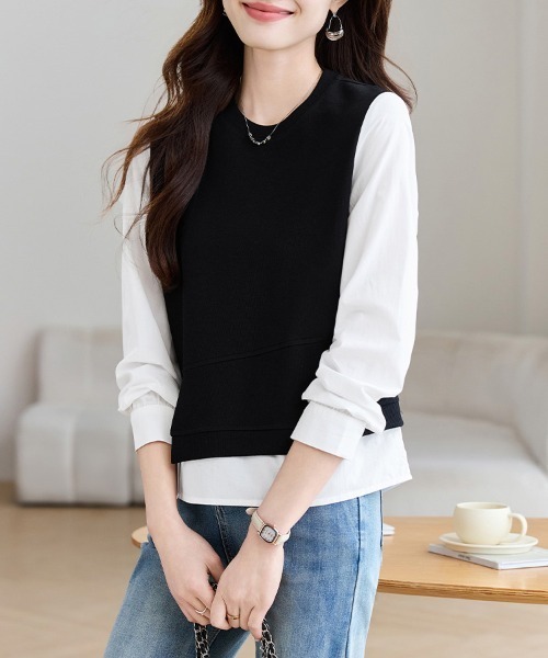 ONEP STAR（ワンピスター）の「レイヤード風アシンメトリー長袖トップス（Tシャツ/カットソー・レディース・ブラック・MEDIUM/X-LARGE/LARGE）」の4枚目の写真
