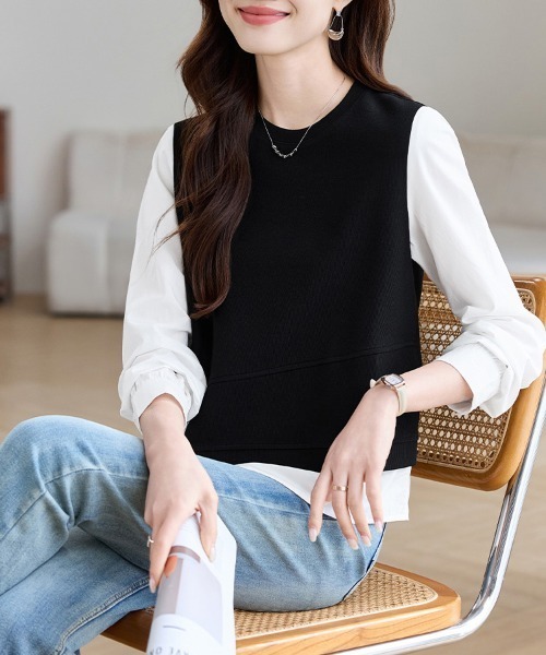 ONEP STAR（ワンピスター）の「レイヤード風アシンメトリー長袖トップス（Tシャツ/カットソー・レディース・ブラック・MEDIUM/X-LARGE/LARGE）」の5枚目の写真