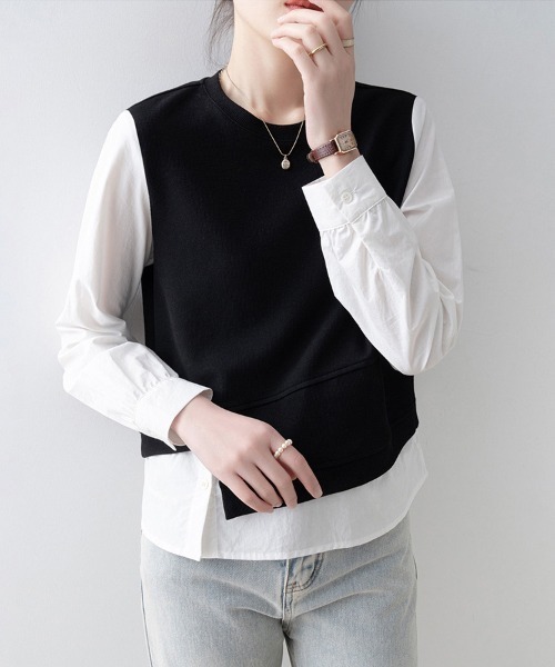ONEP STAR（ワンピスター）の「レイヤード風アシンメトリー長袖トップス（Tシャツ/カットソー・レディース・ブラック・MEDIUM/X-LARGE/LARGE）」の7枚目の写真