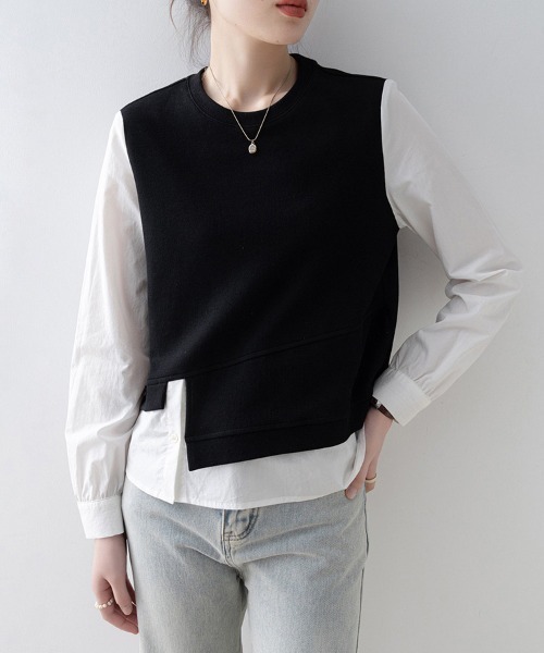 ONEP STAR（ワンピスター）の「レイヤード風アシンメトリー長袖トップス（Tシャツ/カットソー・レディース・ブラック・MEDIUM/X-LARGE/LARGE）」の8枚目の写真