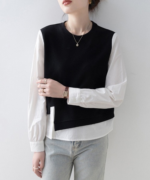 ONEP STAR（ワンピスター）の「レイヤード風アシンメトリー長袖トップス（Tシャツ/カットソー・レディース・ブラック・MEDIUM/X-LARGE/LARGE）」の9枚目の写真