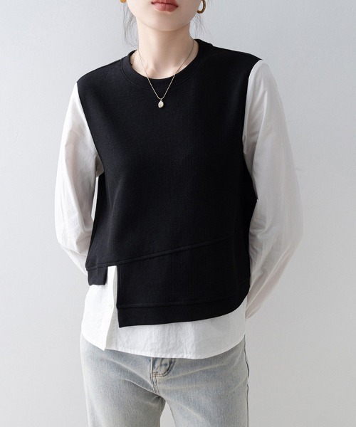 ONEP STAR（ワンピスター）の「レイヤード風アシンメトリー長袖トップス（Tシャツ/カットソー・レディース・ブラック・MEDIUM/X-LARGE/LARGE）」の10枚目の写真