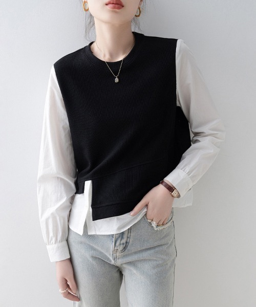 ONEP STAR（ワンピスター）の「レイヤード風アシンメトリー長袖トップス（Tシャツ/カットソー・レディース・ブラック・MEDIUM/X-LARGE/LARGE）」の11枚目の写真