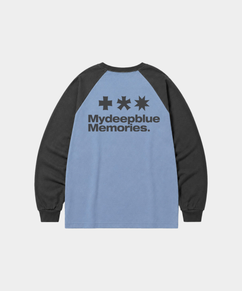 mydeepbluememories(マイディープブルーメモリーズ)の「Mm Symbol Logo Raglan Tee (BLUE/CHARCOAL)(Tシャツ/カットソー・レディース・ブルーグレー・WOMENS/MENS)」の1枚目の写真