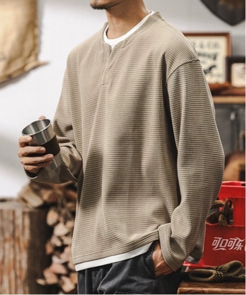 DOUBLE STEAL（ダブルスティール）の「DSワッフルキーネックロングスリーブTシャツ（Tシャツ/カットソー・メンズ・ベージュ/ブラック/ブラウン・X-LARGE/LARGE/MEDIUM）」の3枚目の写真