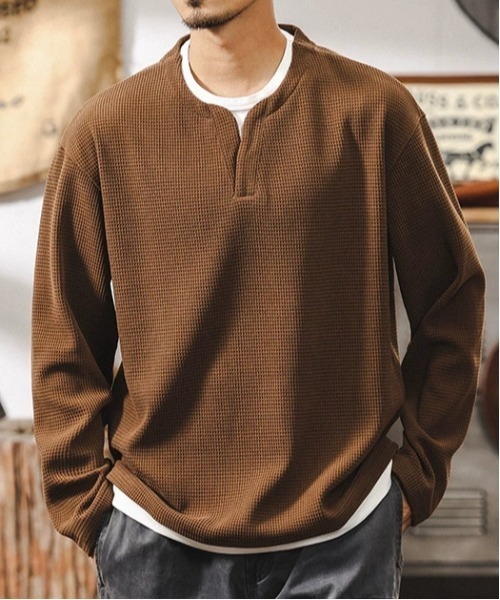 DOUBLE STEAL（ダブルスティール）の「DSワッフルキーネックロングスリーブTシャツ（Tシャツ/カットソー・メンズ・ベージュ/ブラック/ブラウン・X-LARGE/LARGE/MEDIUM）」の2枚目の写真