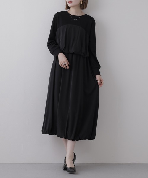 EGLANTINE(エグランティーヌ)の「EGLANTINE 異素材切り替えギャザーワンピース 長袖(ワンピース・レディース・ブラック・38)」の1枚目の写真