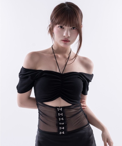 Melviianne(メルヴィアンヌ)の「Sheer panel gather tops(シャツ/ブラウス・レディース・White/Black・MEDIUM/SMALL)」の1枚目の写真
