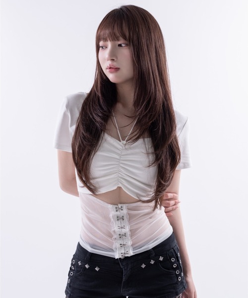 Melviianne(メルヴィアンヌ)の「Sheer panel gather tops(シャツ/ブラウス・レディース・White/Black・MEDIUM/SMALL)」の2枚目の写真