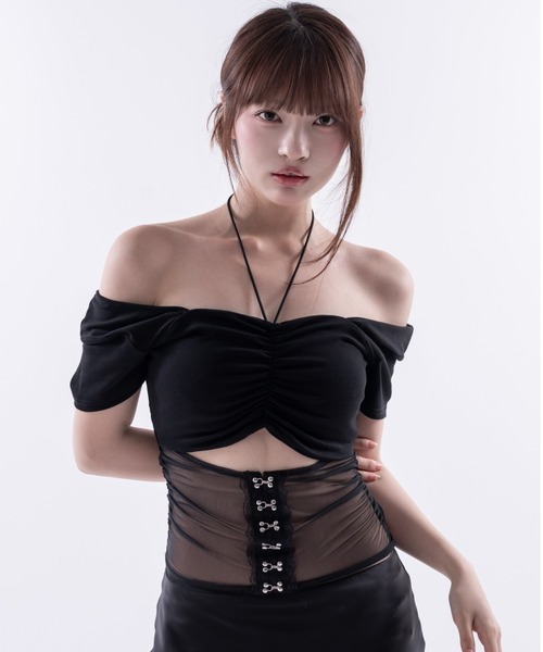 Melviianne(メルヴィアンヌ)の「Sheer panel gather tops(シャツ/ブラウス・レディース・White/Black・MEDIUM/SMALL)」の3枚目の写真