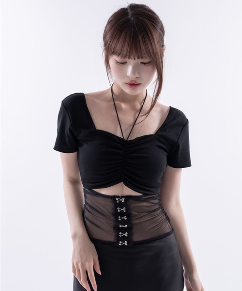 Melviianne(メルヴィアンヌ)の「Sheer panel gather tops(シャツ/ブラウス・レディース・White/Black・MEDIUM/SMALL)」の4枚目の写真