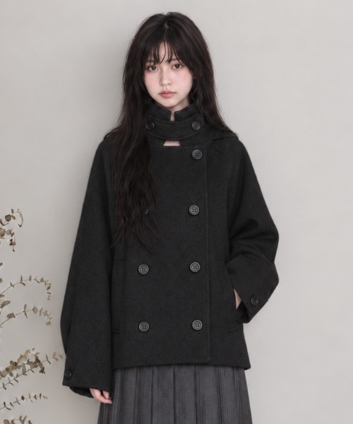Aelina（エリナ）の「フード付きリラックスメルトンダブルブレストコート（ピーコート・レディース・チャコールグレー/ブラック・FREE）」の2枚目の写真