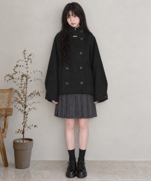 Aelina（エリナ）の「フード付きリラックスメルトンダブルブレストコート（ピーコート・レディース・チャコールグレー/ブラック・FREE）」の5枚目の写真