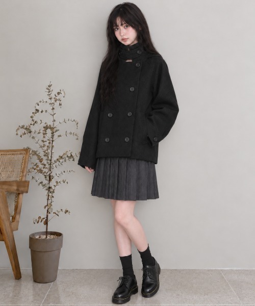 Aelina（エリナ）の「フード付きリラックスメルトンダブルブレストコート（ピーコート・レディース・チャコールグレー/ブラック・FREE）」の6枚目の写真