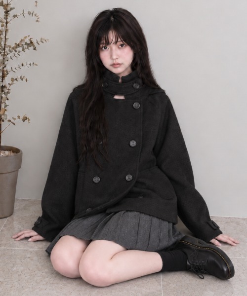 Aelina（エリナ）の「フード付きリラックスメルトンダブルブレストコート（ピーコート・レディース・チャコールグレー/ブラック・FREE）」の3枚目の写真