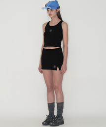 Round logo slit skirt pants - Black
