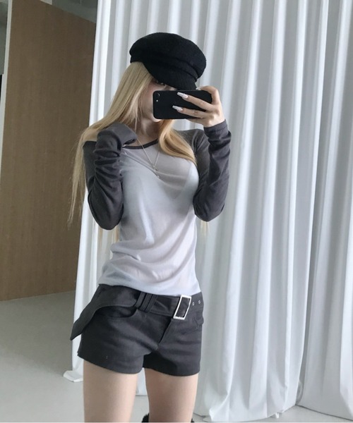 THEAIRTOWN(ジエアタウン)の「fine suede belt shorts(その他パンツ・レディース・ブラック/ダークグレー・FREE)」の3枚目の写真