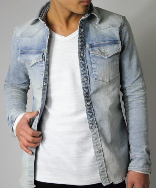 JACKROSE（ジャックローズ）の「ハイパーストレッチクールマックスデニムウエスタンシャツ（シャツ/ブラウス・メンズ・ベージュ/サックスブルー・L/M/XL）」の6枚目の写真