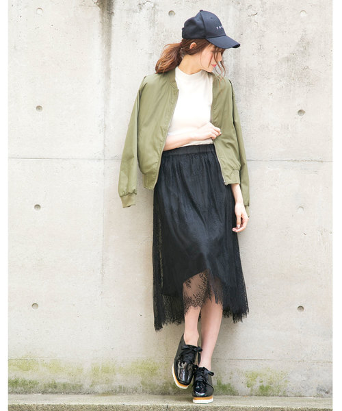 KOBE LETTUCE（コウベレタス）の「ペチコート付き2点SET ミディアム丈レースフレアスカート/レディース/ボトムス[M2149]神戸レタス（スカート・レディース・ブラック/オフホワイト/ピンクベージュ・FREE）」の4枚目の写真