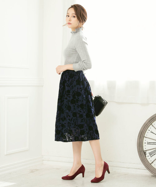 KOBE LETTUCE（コウベレタス）の「レース×フロッキー花柄プリントフレアスカート＊レディース/ミディ丈/ボトムス[M2218]神戸レタス（スカート・レディース・ネイビー/オフホワイト・FREE）」の9枚目の写真